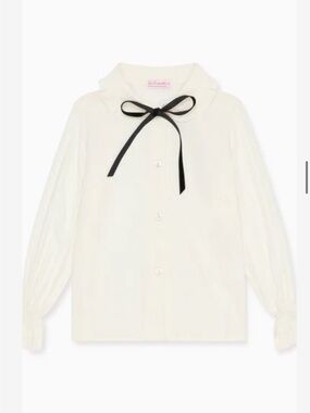 La Compagnie Girls' Cream Ruffle Collar Blouse with Black Ribbon